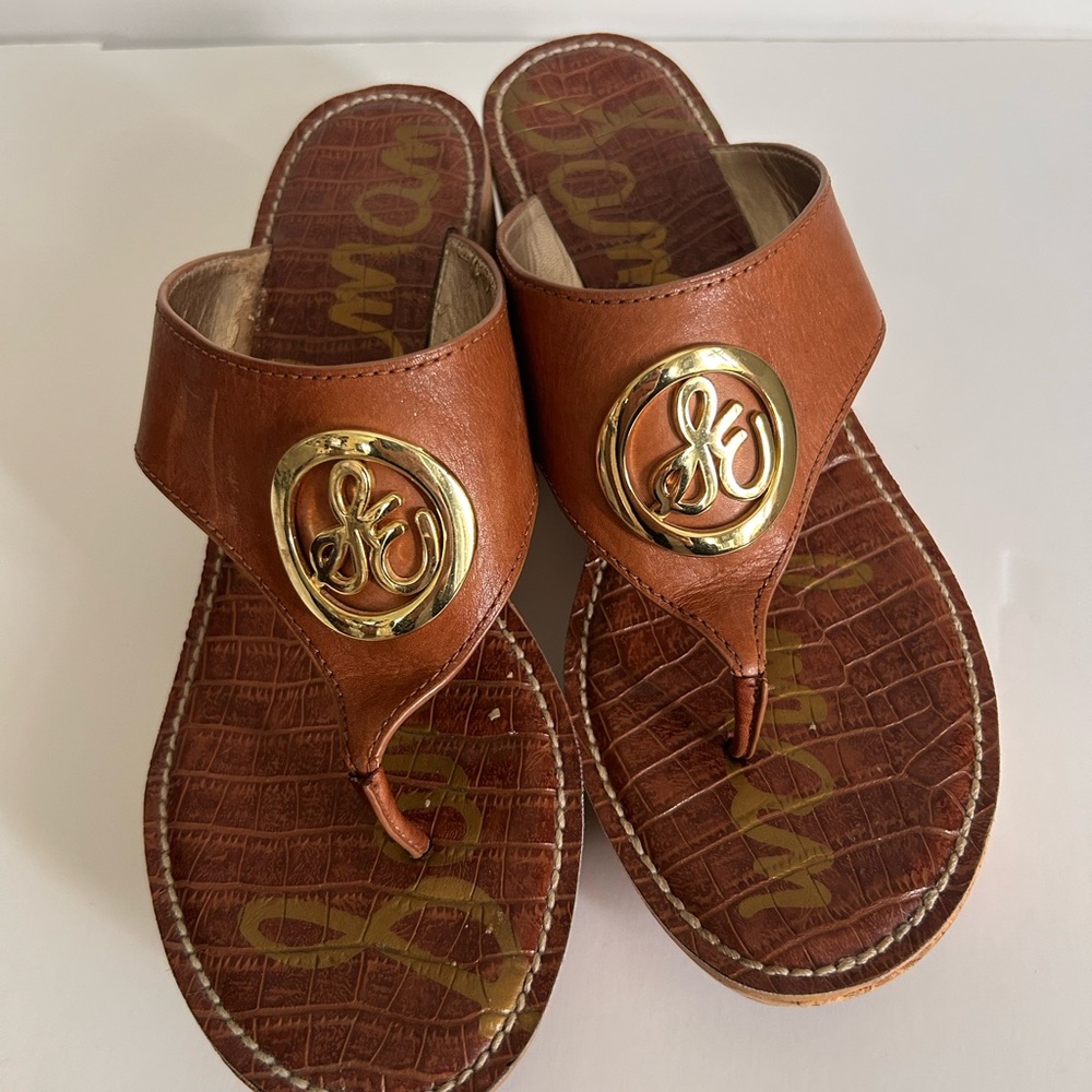 Brown leather Sam Edelman platform thong sandal gold medallion